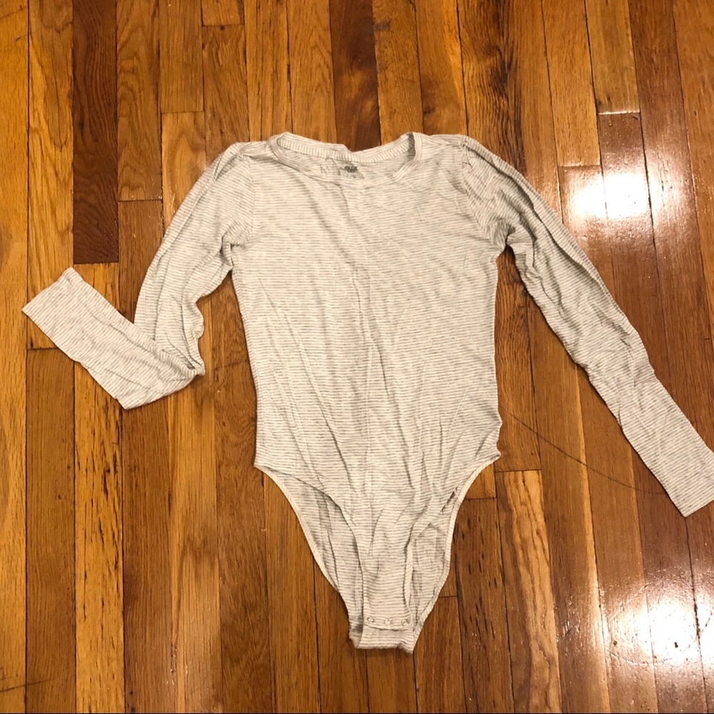 Long-sleeve, grey & white striped aerie bodysuit